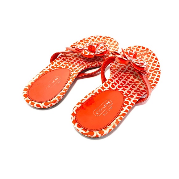 Coach Pattey Orange & Pink Logo Flip Flops w/ Flowers - Picture 10 of 12
